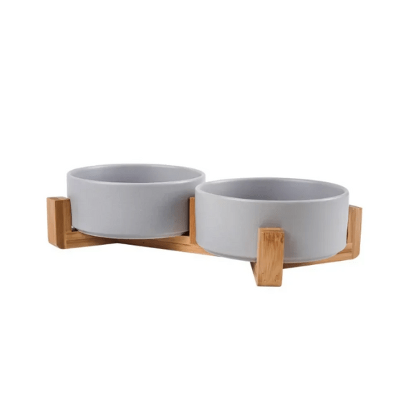 Gamelle chat ceramique ronde grise bol double support bois naturel - CrocCat™
