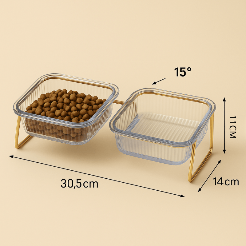 Gamelle pour chat double surélevée inclinée carrée avec dimensions 30,5 x 14 x 11cm - Golden-Cat™