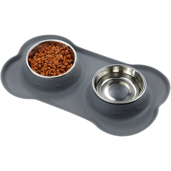 Gamelles chaton double bol inox tapis silicone gris croquettes et eau - Doudouble Bowl™