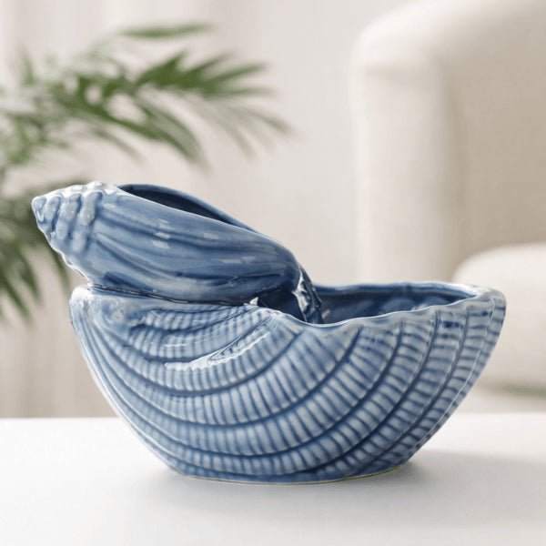 Abreuvoir chat en céramique bleue au design coquillage avec eau filtrée et débit réglable - OCeram™