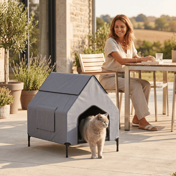 Abri chat surélevé installé sur terrasse pour offrir un refuge extérieur confortable