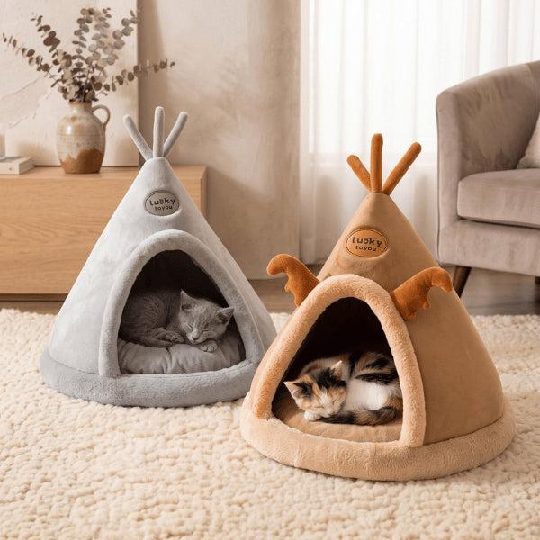Abri chaton disponible en gris ou marron créant un cocon apaisant chaud et confortable