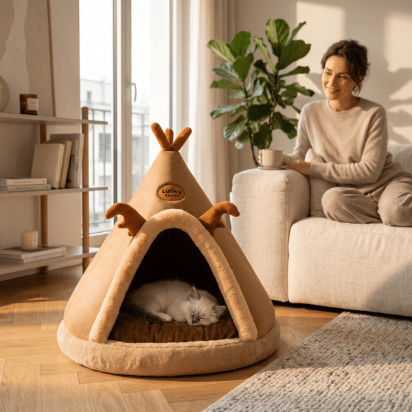Abri chaton marron installé au salon offrant un refuge intime pour dormir paisiblement