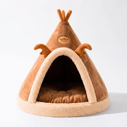 Abri chaton tipi marron en peluche douce avec entrée large et coussin moelleux