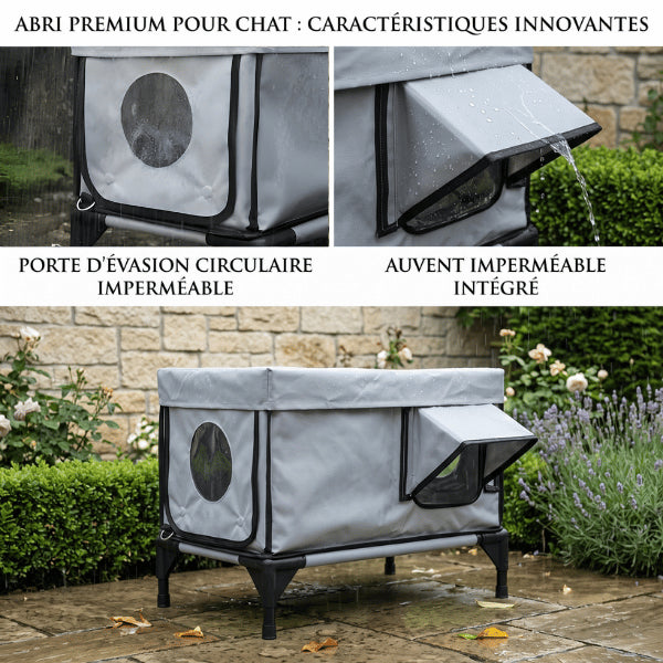 Abri extérieur pour chat avec auvent imperméable et sortie d'évasion totalement étanche