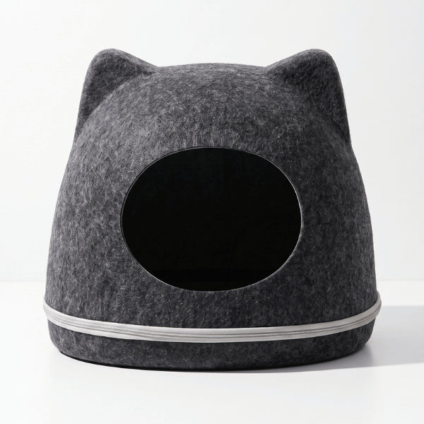 Abri pour chats gris foncé en feutre naturel formant une cachette enveloppante intérieure
