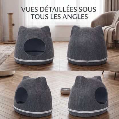 Abri pour chats design tête de chat présenté sous différents angles