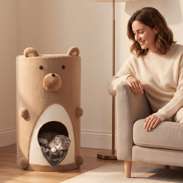 Abris chat ourson à deux niveaux offrant intimité et repos au salon