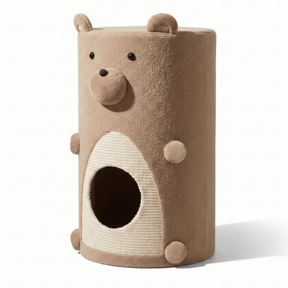 Abris chat vertical en forme d'ourson avec grand griffoir en sisal