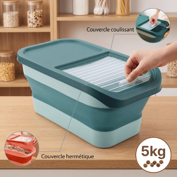 Boite a croquette avec couvercle coulissant offrant une conservation optimale des aliments secs