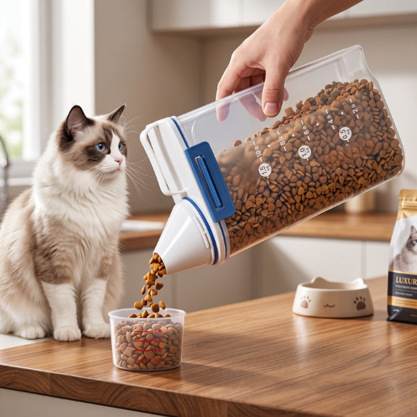 Boite à croquettes chat avec bec verseur pour dosage précis des repas quotidiens