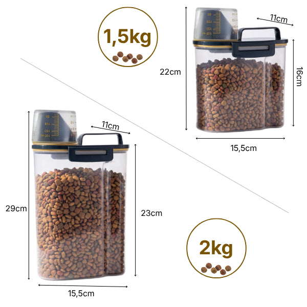 Boite à croquettes chat rangement pratique dimensions compactes 1,5 et 2 kg