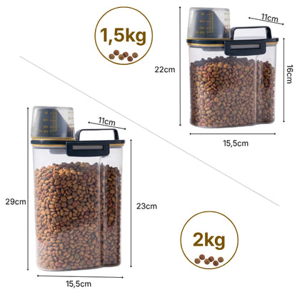 Boite à croquettes chat rangement pratique dimensions compactes 1,5 et 2 kg