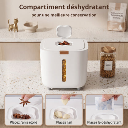 Boite croquette chat avec compartiment supérieur optimisant la conservation des aliments secs