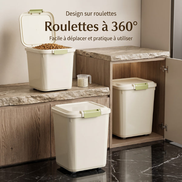 Boite croquettes chat avec roulettes 360° pour déplacement simple et pratique