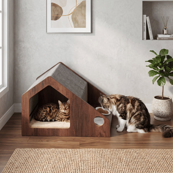 Cabane à chat avec double gamelle céramique intégrée idéale pour repas et repos