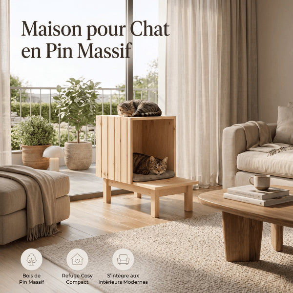 Cabane a chat en bois pin massif accueillant deux félins dans intérieur moderne