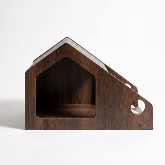 Cabane à chat en bois moderne avec espace repos et gamelles céramique intégrées pratiques