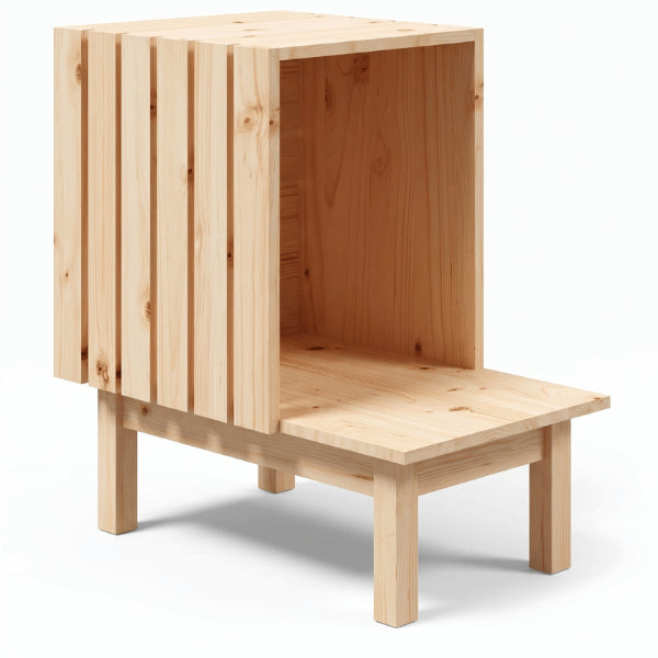 Cabane a chat en bois pin naturel avec lattes latérales et plateforme surélevée rassurante