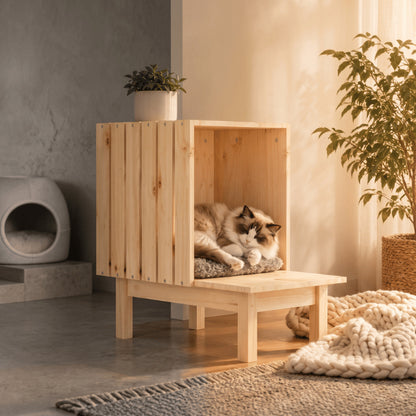 Cabane a chat surélevée offrant un espace rassurant pour repos félin