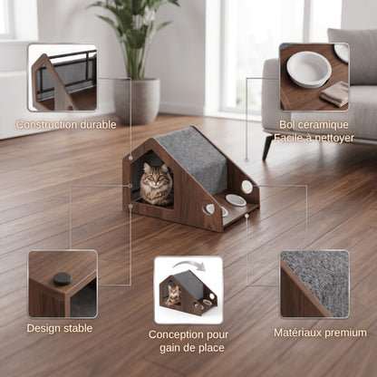 Cabane à chat robuste avec matériaux premium et double gamelle céramique inclinée amovible