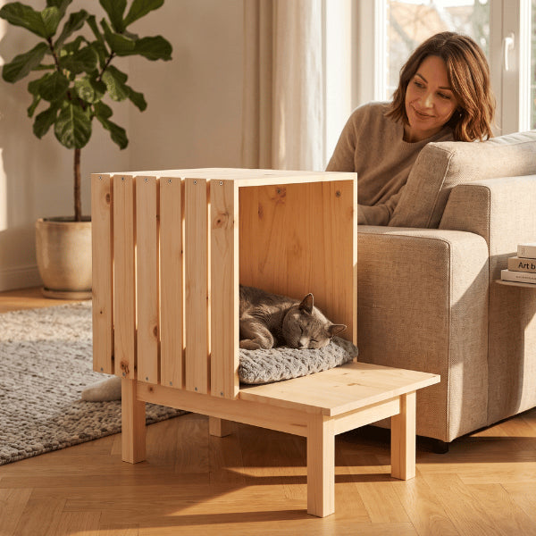 Cabane a chat en bois naturel élégante intégrée au salon pour repos quotidien