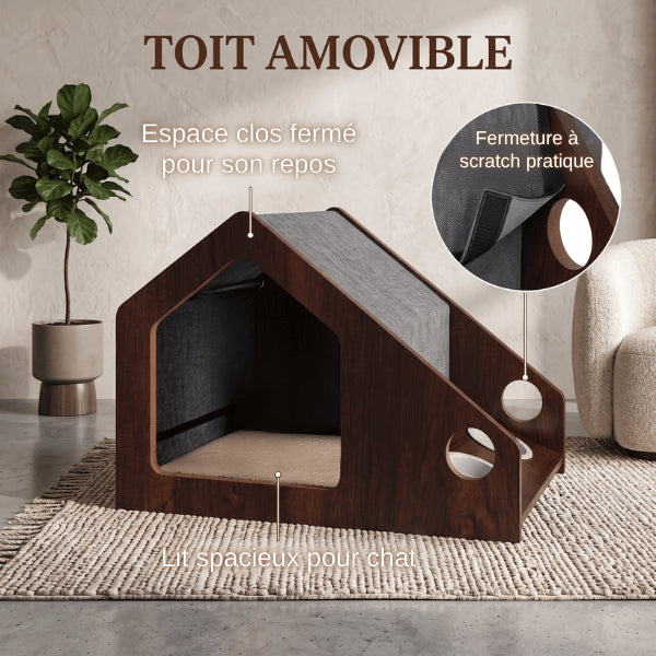 Cabane à chat avec toit amovible lavable facilitant nettoyage et entretien quotidien