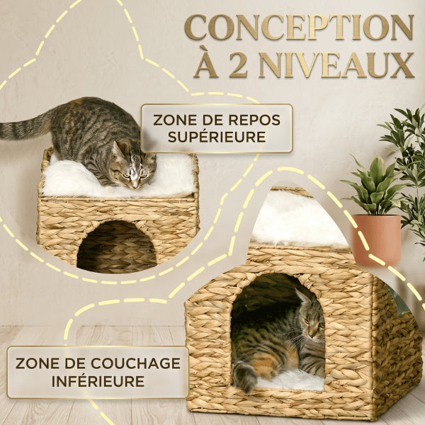 Cabane chat deux niveaux avec couchage supérieur et refuge inférieur confortable sécurisé