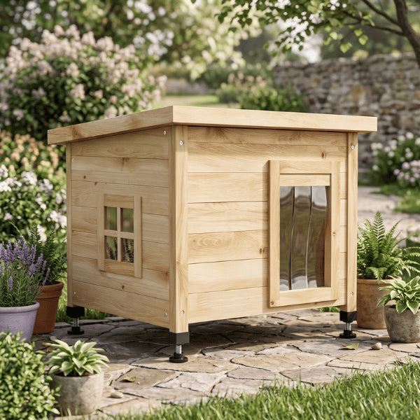 Cabane chat extérieur en bois avec fenêtre latérale et pieds réglables anti humidité