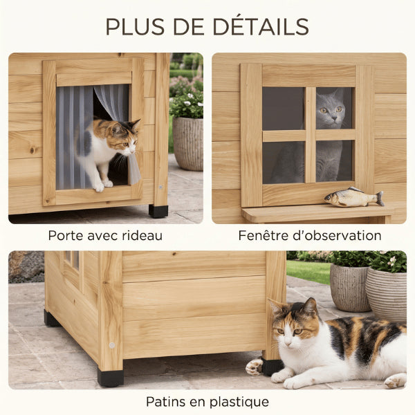 Cabane chat extérieur avec rideau isolant fenêtre d'observation et patins protecteurs robustes