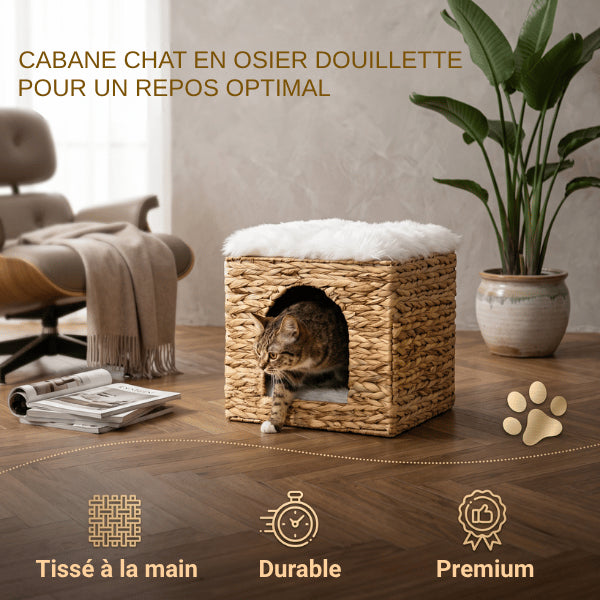 Cabane chat en osier tressée à la main offrant confort premium et espace de repos