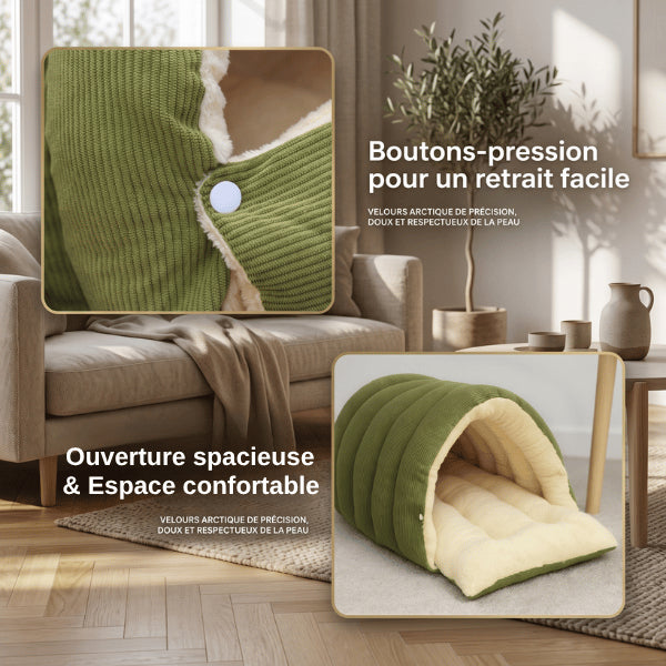 Cabane chaton ouverture spacieuse avec boutons pression pour accès confortable et sécurisé