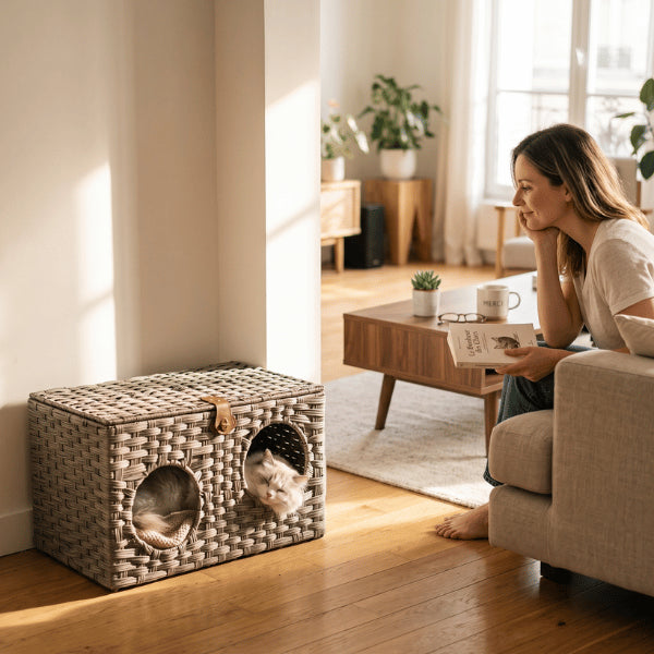 Cabane pour chat élégante intégrée dans un salon moderne pour repos rassurant quotidien