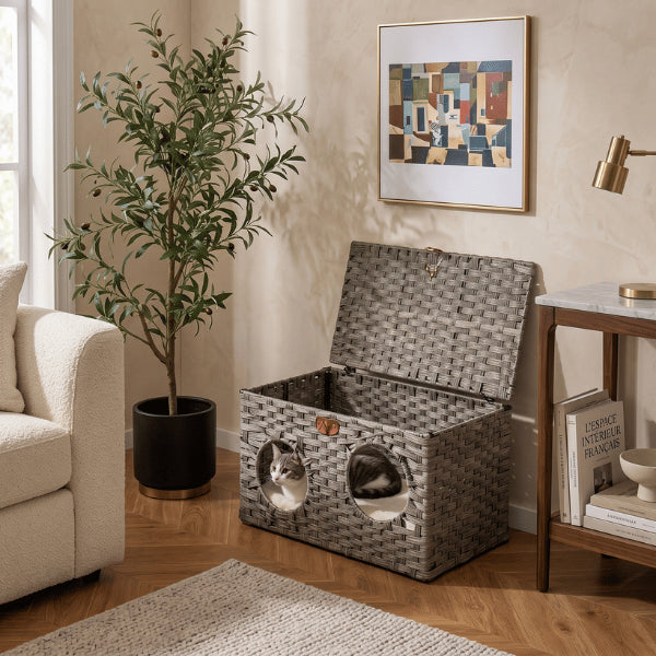 Cabane pour chat double entrée en rotin avec couvercle ouvrant et coussin douillet