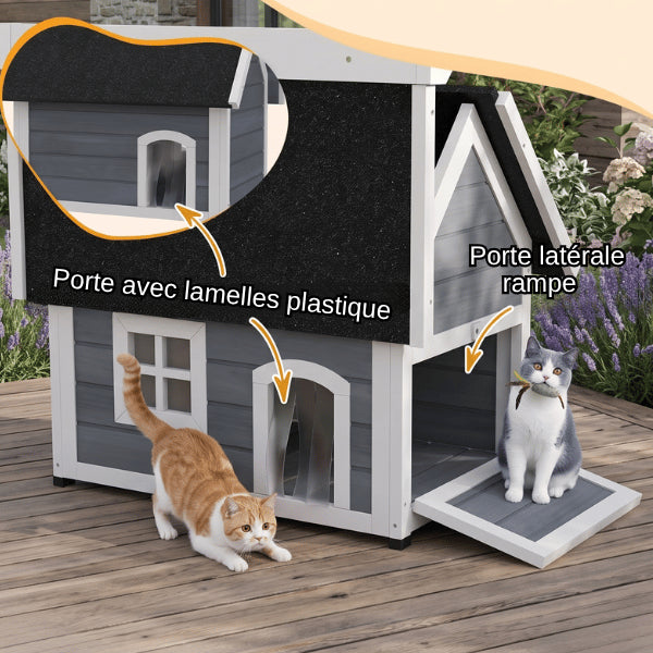 Cabane pour chat extérieur avec trois accès rampe latérale et rideaux battants protecteurs