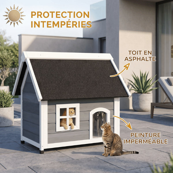 Cabane pour chat extérieur résistante aux intempéries avec toiture en asphalte imperméable durable