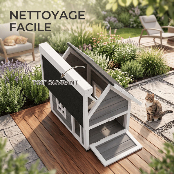 Cabane pour chat extérieur avec toit ouvrant facilitant le nettoyage quotidien et l'entretien