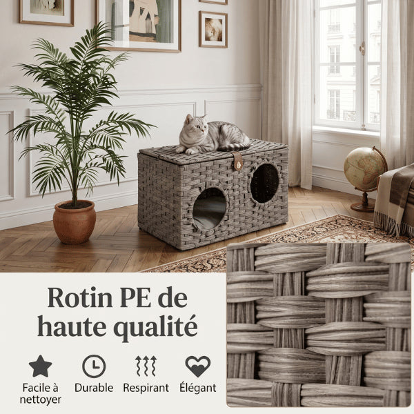 Cabane pour chat en rotin respirant élégante avec couchage supérieur confortable moderne