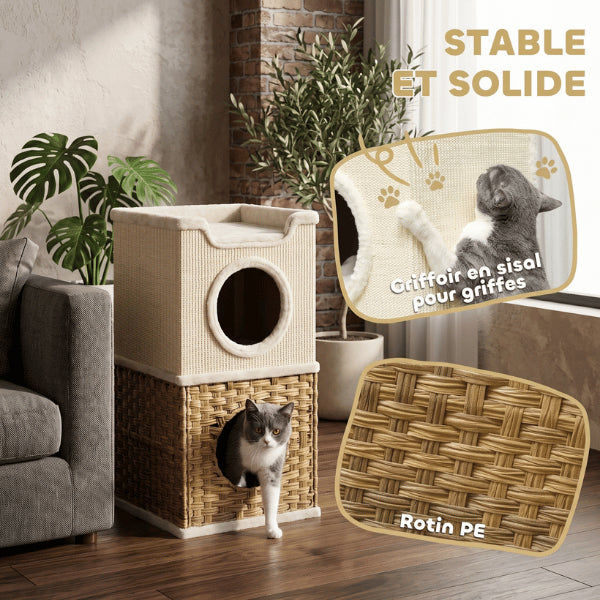 Cabanes pour chat stables avec griffoir sisal intégré et rotin PE résistant