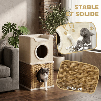 Cabanes pour chat stables avec griffoir sisal intégré et rotin PE résistant