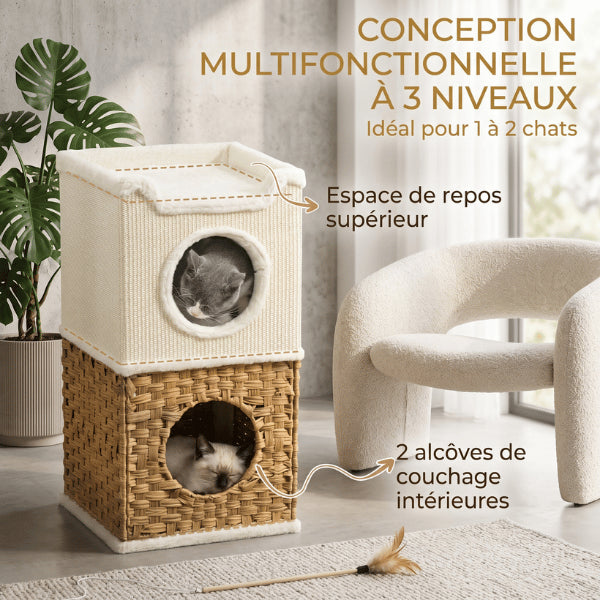 Cabanes pour chat multifonctionnelles avec deux alcôves et couchage supérieur ouvert