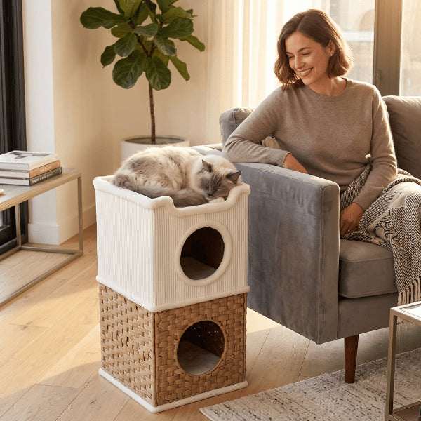 Cabanes pour chat avec plateforme supérieure permettant repos et observation en hauteur