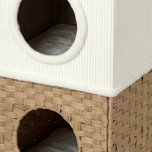 Cabanes pour chat avec double entrée rotin tressé griffoir sisal et revêtement polaire doux