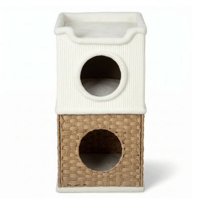 Cabanes pour chat à trois niveaux avec deux cachettes en façade et plateforme supérieure