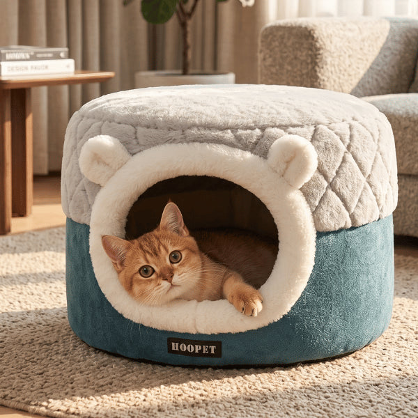 Cachette chat moelleuse avec grande ouverture pour chaton et couchage enveloppant