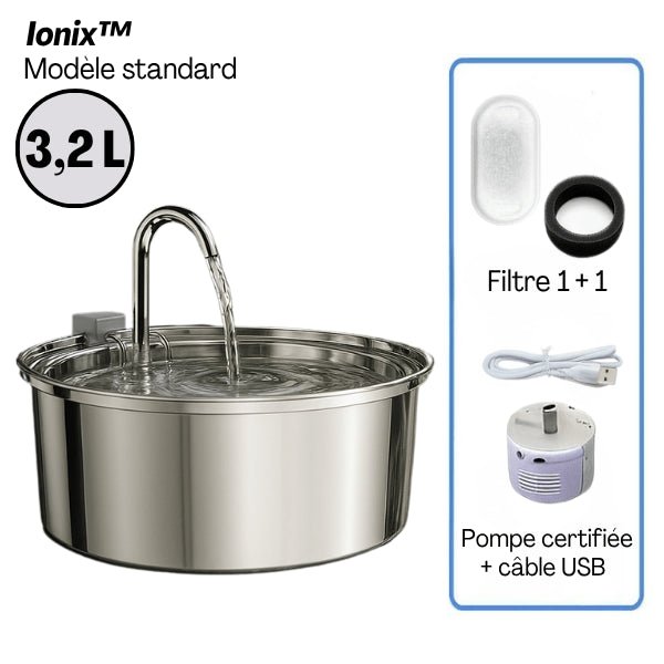 Fontaine à eau chat en inox à robinet continu 3,2 L en pack standard filtres et pompe USB certifiée - Ionix™