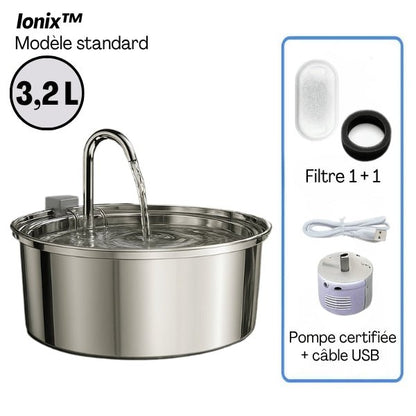 Fontaine à eau chat en inox à robinet continu 3,2 L en pack standard filtres et pompe USB certifiée - Ionix™