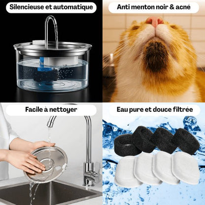 Fontaine à eau chat en inox silencieuse anti menton noir à filtre - Ionix™™