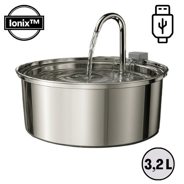 Fontaine à eau chat en inox à robinet continu 3,2 L prise USB ronde - Ionix™