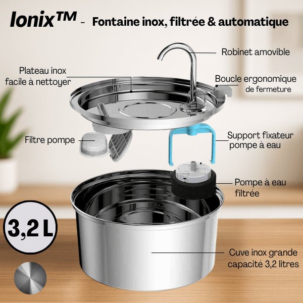 Fontaine en inox facile à démonter pour entretien avec tous les éléments descriptifs - Ionix™